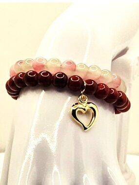 Red Heart Bracelet Stack, Romantic Beaded Bracelets, Feminine Stretch Jewelry